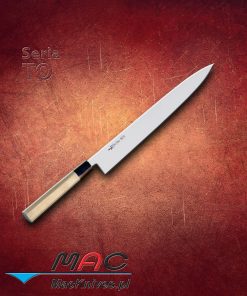 Nóż Sujibiki. Lekki japoński nóż do krojenia, zaostrzony z obu stron w charakterystyczną krawędź MAC, pozwalającą na lepszą kontrolę podczas krojenia. Ostrze 300 mm